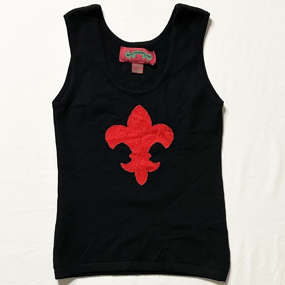 Vintage AMAL GUESSOUS Black Cashmere Tank w/Red Fleur-de-Lis - RARE FIND! - L